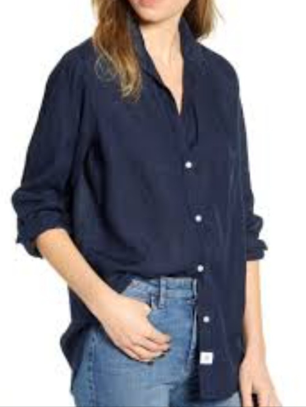 Grayson The Hero Button Up Shirt Navy Blue 100% Lyocell Long Sleeve Blouse